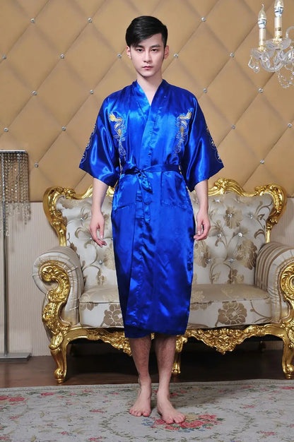 Embroider Dragon Kimono Bathrobe Gown Chinese Style Robe Classical Man Homewear Long Satin Nightgown Loose Sleepwear Loungewear