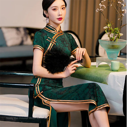 Traditional Chinese Long Cheongsam Plus Size Print Flower Chinese Dress Sexy Slim Split Qipao Novelty Party Evening Party Dress
