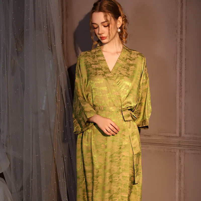Luxury Jacquard Long Robe Nightgown Women Half Sleeve Kimono Bathrobe Gown Satin Ice Silk Sleepwear Sexy Home Dress Lounge Wear