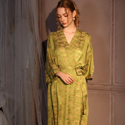 Luxury Jacquard Long Robe Nightgown Women Half Sleeve Kimono Bathrobe Gown Satin Ice Silk Sleepwear Sexy Home Dress Lounge Wear
