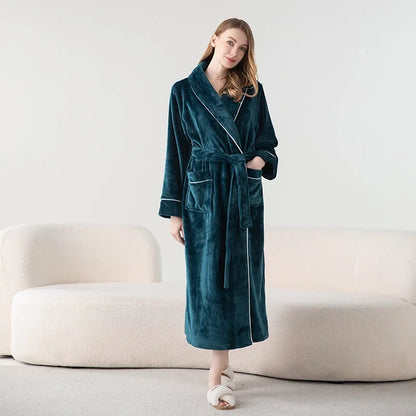 Autumn Winter Women's Sleepwear Thicken Flannel Couple Long Robe Kimono Bathrobe Gown Loungewear Loose Coral Fleece Home Wear
