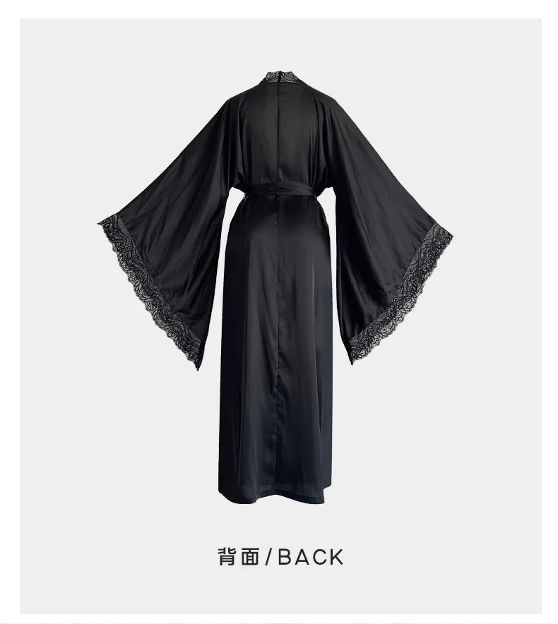 Sexy Lace Kimono Bathrobe Gown Ice Silk Women Long Robe Dress Nightgown Spring New Sleepwear Nightwear Loose Homewear Loungewear