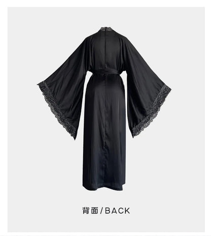 Sexy Lace Kimono Bathrobe Gown Ice Silk Women Long Robe Dress Nightgown Spring New Sleepwear Nightwear Loose Homewear Loungewear