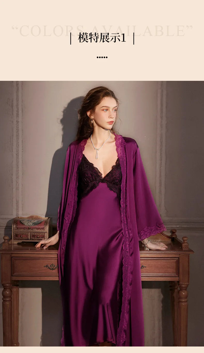Sexy Female Long Robe Nightgown Set Kimono Bathrobe Gown Patchwork Lace Suspender Night Dress Sleepwear Loose Satin Homewear