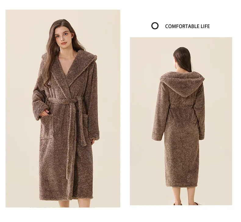 Thick Coral Fleece Coupe Hooded Bathrobe Sleepwear Autumn Winter Warm Long Robe Home Clothing Casual Flannel Loungewear Pajama