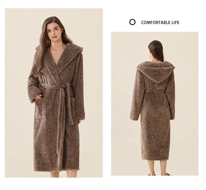 Thick Coral Fleece Coupe Hooded Bathrobe Sleepwear Autumn Winter Warm Long Robe Home Clothing Casual Flannel Loungewear Pajama