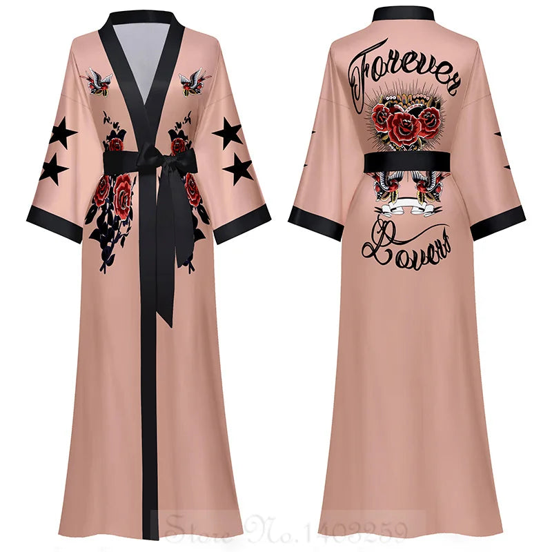 Oversize Long Robe Spring Summer Women Sleepwear Kimono Bathrobe Gown Sexy Satin Nightwear Nightgown Loose Home Dress Loungewear