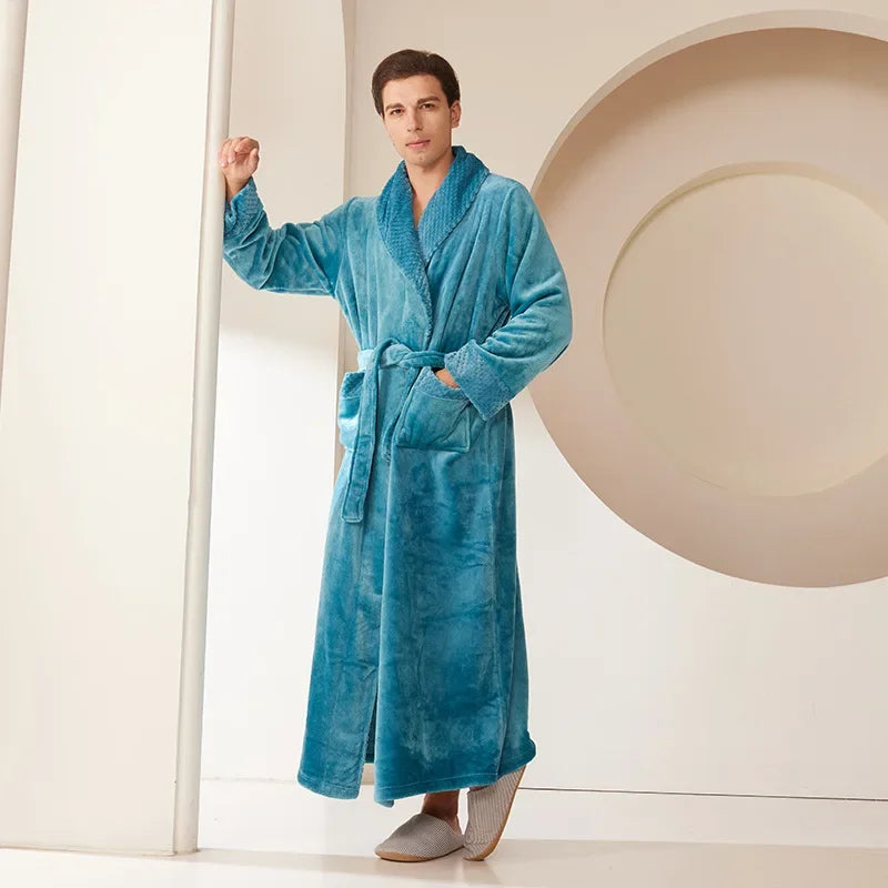 Autumn Winter Coral Fleece Sleepwear Thicken Warm Flannel Couple's Long Robe Men's Kimono Bathrobe Gown Home Clothes Lounge Wear