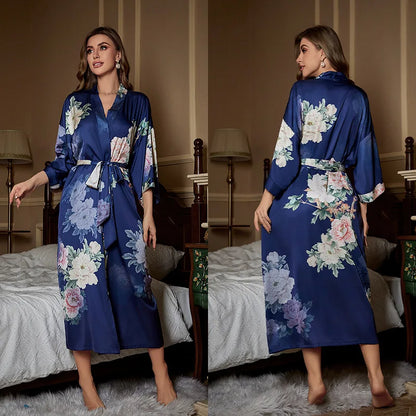 Female Long Robe Chinese Style Print Flower Sleepwear Nightgown Half Sleeve Kimono Bathrobe Gown Loose Casual Satin Home Wear
