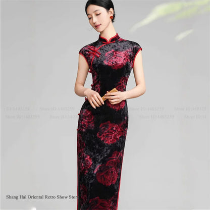 Vintage Women Velvet Cheongsam Improved Plus Size Dress Chinese Traditional Evening Dresses Female Sexy Long Qipao Costume 3XL