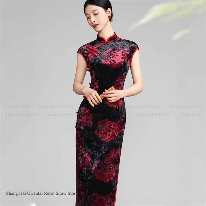 Vintage Women Velvet Cheongsam Improved Plus Size Dress Chinese Traditional Evening Dresses Female Sexy Long Qipao Costume 3XL