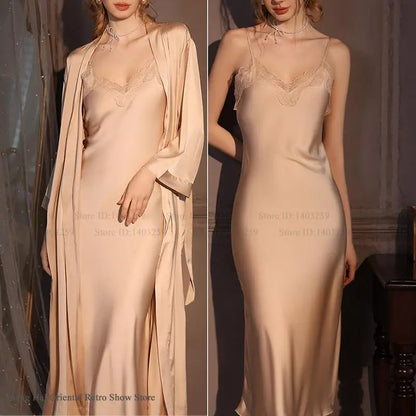 Elegant Female Twinset Robe Set Long Kimono Bathrobe Gown Sexy Lace Nightgown Lingerie Spring Autumn New Sleepwear Home Dress