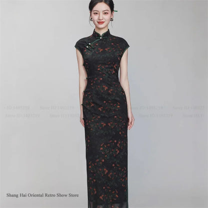 Female Print Flower Long Cheongsam Chinese Dress Elegant Vintage Mandarin Collar Qipao Hanfu Dress New Year Festival Party Wear