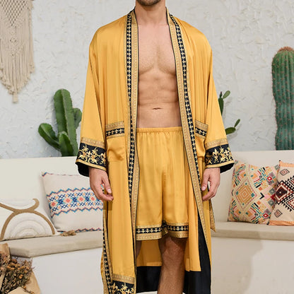 Spring New Men Robe Kimono Bathrobe Gown Baroque Style Silk Satin Sleepwear Home Clothes Loose Casual Loungewear Nightwear