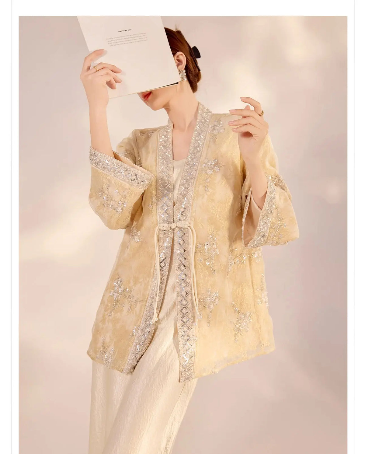 Chinese Style Tang Clothes Qipao Tops Sequin Embroidery Hanfu Cardigan Vintage V-Neck Women Jacket Elegant Spring Summer Outwear