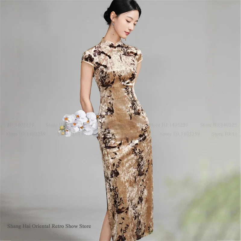 Oversize Velour Chinese Cheongsam Sexy Sleeveless Split Chinese Dress Traditional Costume Vintage Classic Mandarin Collar Qipao