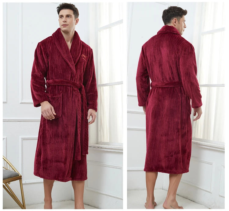 Winter Autumn Thicken Lapel Kimono Shower Robe Men's Warm Flannel Bathrobe Sleepwear with Pocket Loungewear Plus Size 3Xl 4Xl