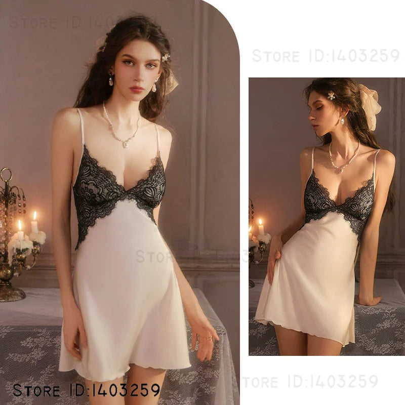 Sexy Female Long Robe Nightgown Set Kimono Bathrobe Gown Patchwork Lace Suspender Night Dress Sleepwear Loose Satin Homewear