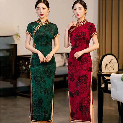 Traditional Chinese Long Cheongsam Plus Size Print Flower Chinese Dress Sexy Slim Split Qipao Novelty Party Evening Party Dress