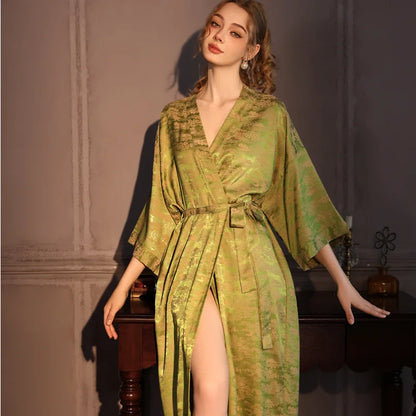 Luxury Jacquard Long Robe Nightgown Women Half Sleeve Kimono Bathrobe Gown Satin Ice Silk Sleepwear Sexy Home Dress Lounge Wear