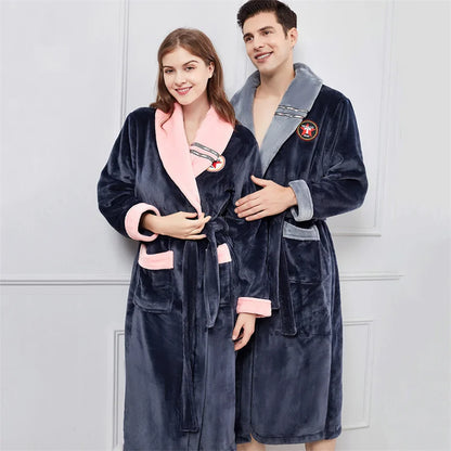 Plus Size 3XL 4XL Couple Flannel Robe Kimono Bathrobe Gown Thickened Coral Fleece Sleepwear Female Long Nightgown Loose Homewear
