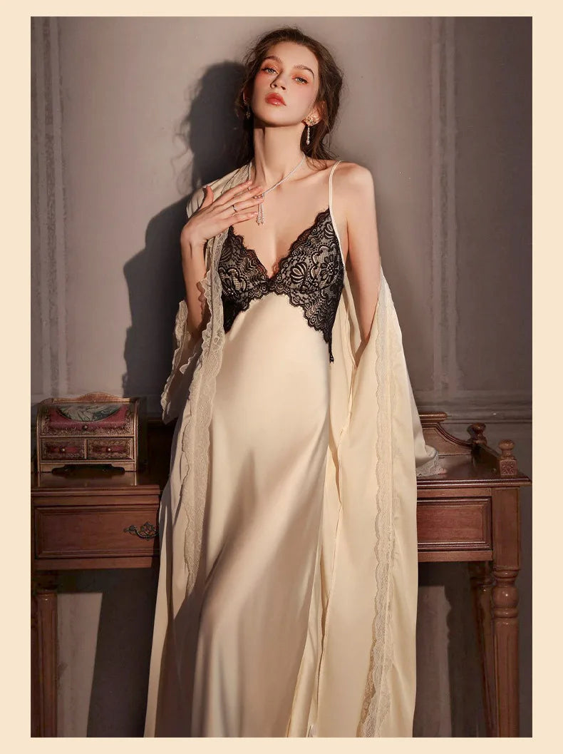 Sexy Female Long Robe Nightgown Set Kimono Bathrobe Gown Patchwork Lace Suspender Night Dress Sleepwear Loose Satin Homewear