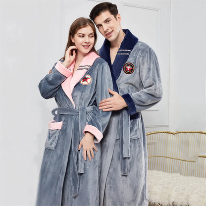 Plus Size 3XL 4XL Couple Flannel Robe Kimono Bathrobe Gown Thickened Coral Fleece Sleepwear Female Long Nightgown Loose Homewear