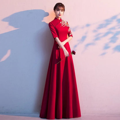 Plus Size 3XL Chinese Style Evening Party Dress Lady Qipao Burgundy Embroidery Applique Cheongsam Banquet Dress Elegant Vestidos