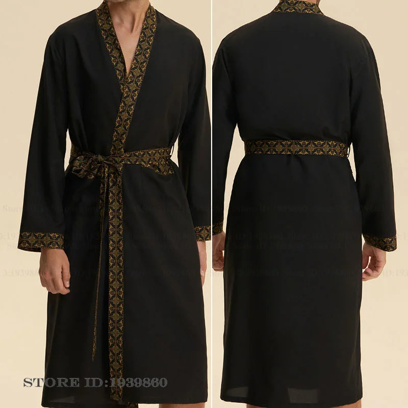 Baroque Style Men's Long Robe Set Pajamas Silky Satin Print Kimono Gown Bathrobe Shorts Pijamas Suit Loose Homewear Lounge Wear