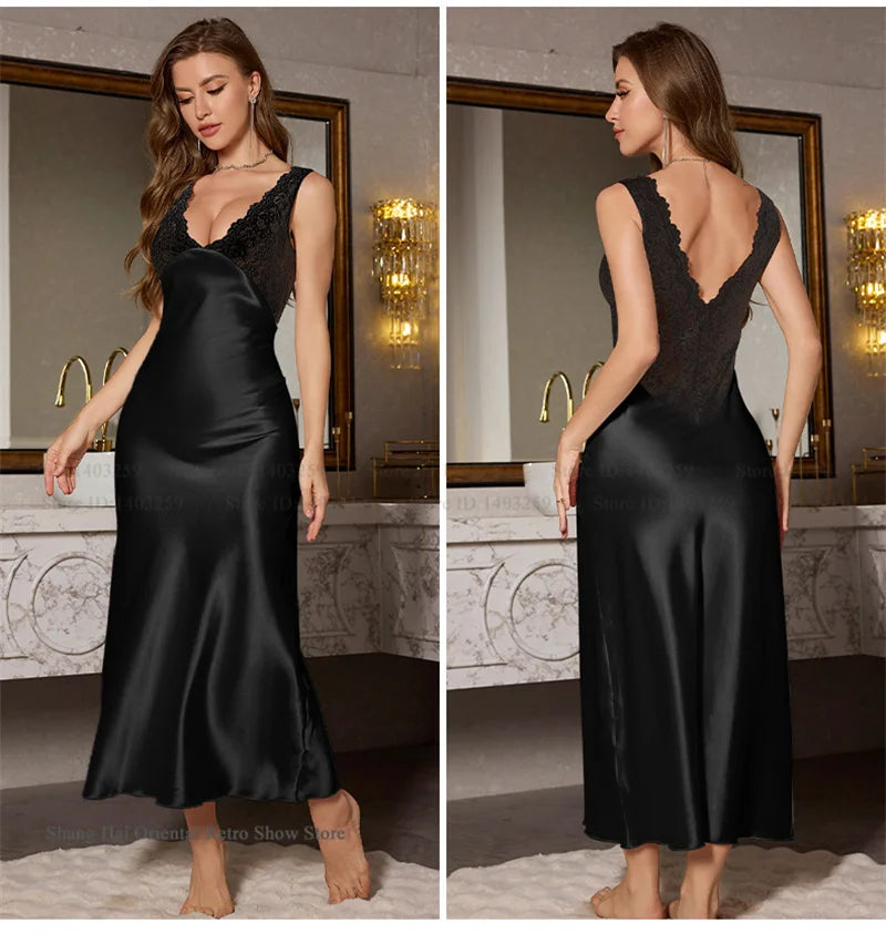 Elegant Long Nightgown Home Clothing New Female Sleepwear Nighty Sexy Perspective Lace Nightdress Satin Loungewear Lingerie