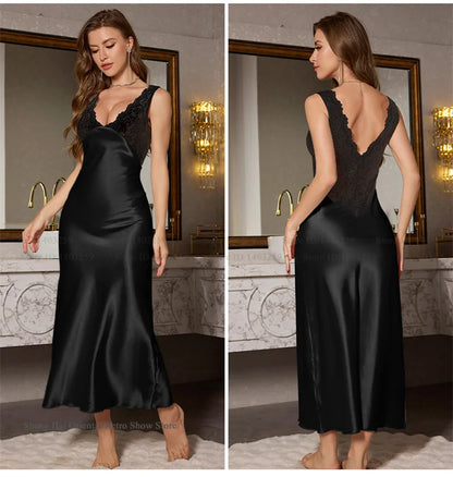 Elegant Long Nightgown Home Clothing New Female Sleepwear Nighty Sexy Perspective Lace Nightdress Satin Loungewear Lingerie