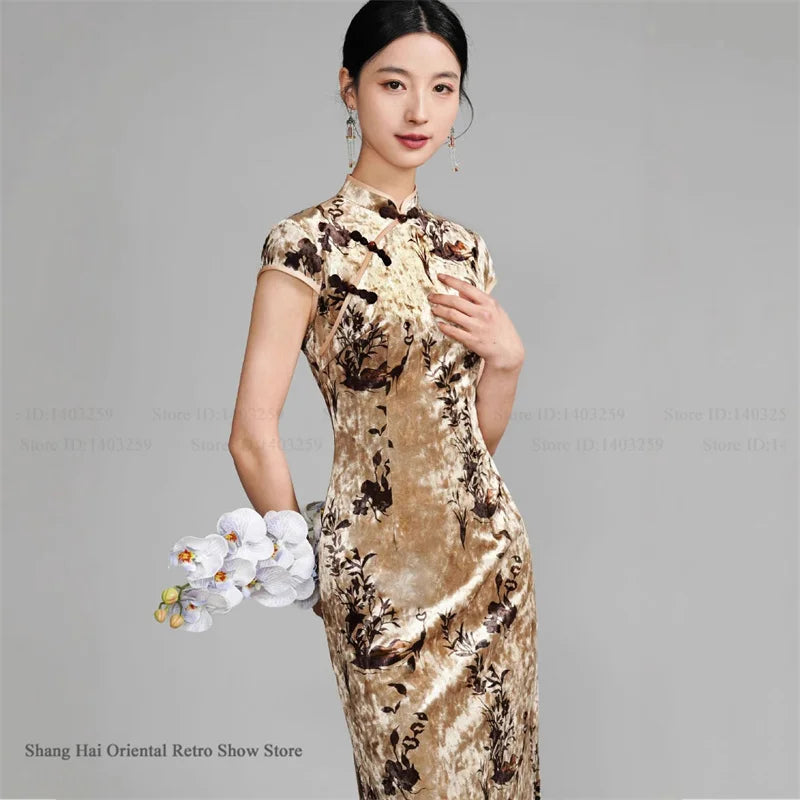 Oversize Velour Chinese Cheongsam Sexy Sleeveless Split Chinese Dress Traditional Costume Vintage Classic Mandarin Collar Qipao