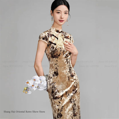 Oversize Velour Chinese Cheongsam Sexy Sleeveless Split Chinese Dress Traditional Costume Vintage Classic Mandarin Collar Qipao