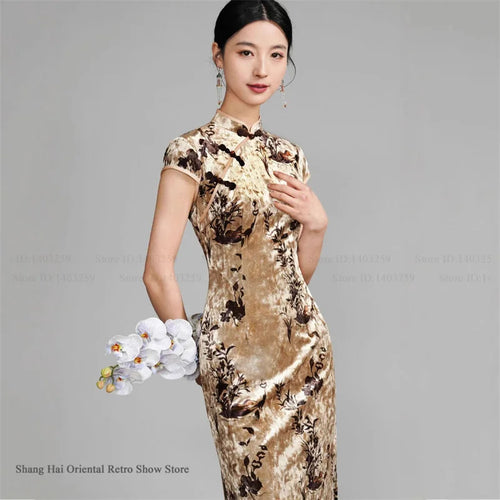 Oversize Velour Chinese Cheongsam Sexy Sleeveless Split Chinese Dress Traditional Costume Vintage Classic Mandarin Collar Qipao