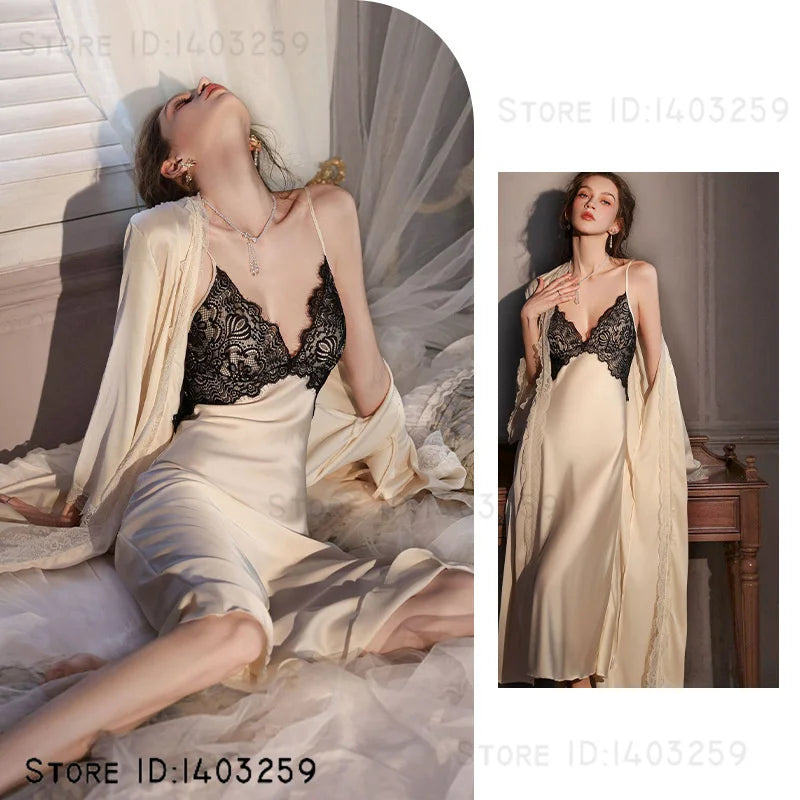 Sexy Female Long Robe Nightgown Set Kimono Bathrobe Gown Patchwork Lace Suspender Night Dress Sleepwear Loose Satin Homewear