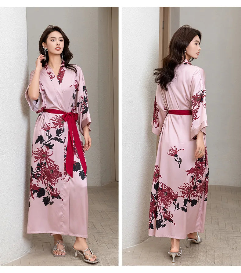 Female Long Robe Chinese Style Print Flower Sleepwear Nightgown Half Sleeve Kimono Bathrobe Gown Loose Casual Satin Home Wear