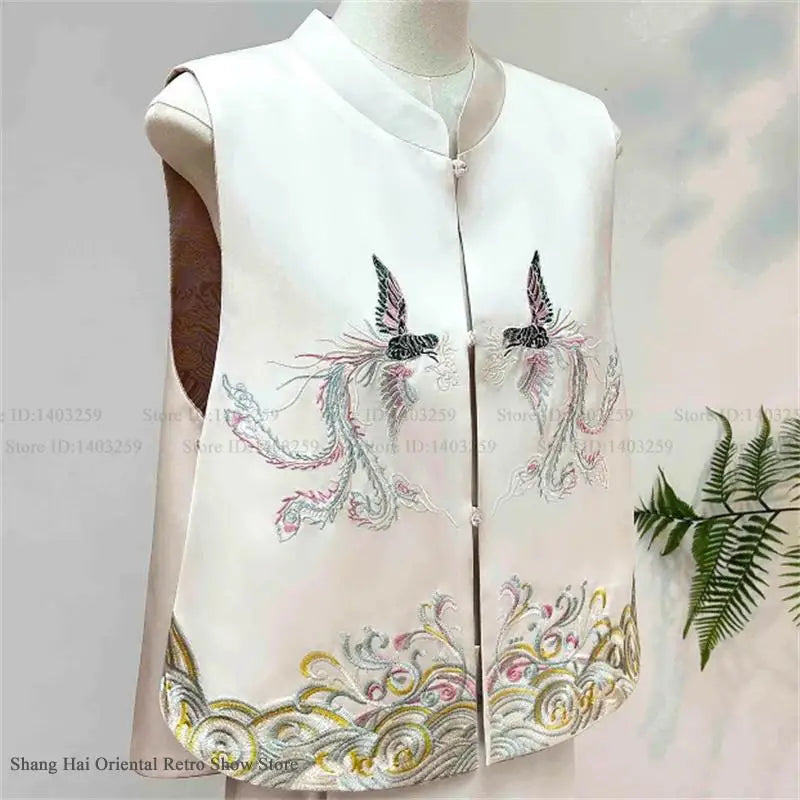New Chinese Style Tang Clothes Women Tops Jacquard Embroidery Phoenix Qipao Vest Outwear Vintage Hanfu Waistcoat Jacket Big Size