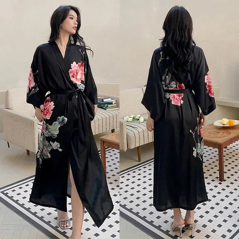 Female Long Robe Chinese Style Print Flower Sleepwear Nightgown Half Sleeve Kimono Bathrobe Gown Loose Casual Satin Home Wear