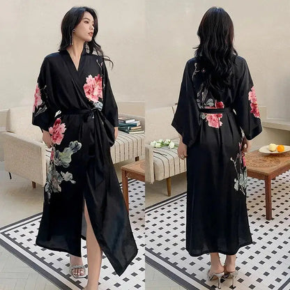 Female Long Robe Chinese Style Print Flower Sleepwear Nightgown Half Sleeve Kimono Bathrobe Gown Loose Casual Satin Home Wear