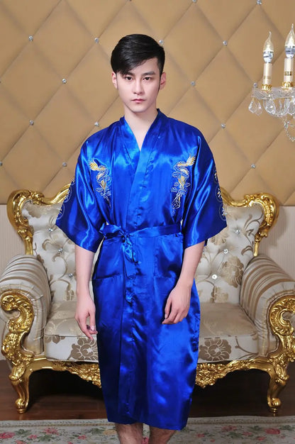Embroider Dragon Kimono Bathrobe Gown Chinese Style Robe Classical Man Homewear Long Satin Nightgown Loose Sleepwear Loungewear