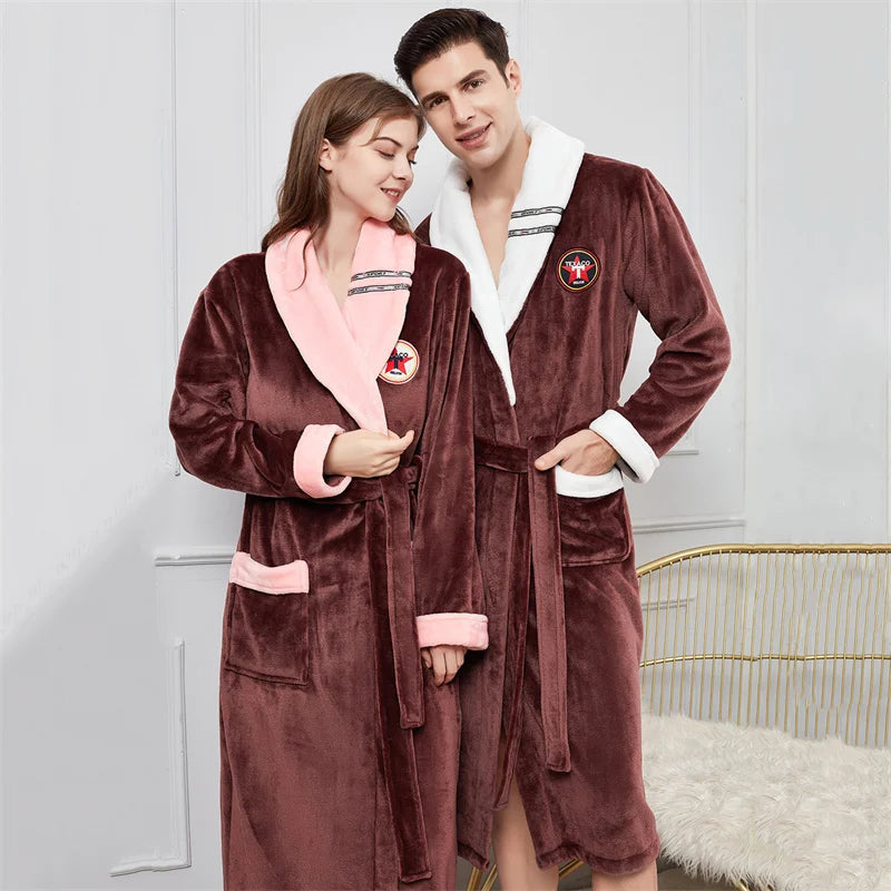 Plus Size 3XL 4XL Couple Flannel Robe Kimono Bathrobe Gown Thickened Coral Fleece Sleepwear Female Long Nightgown Loose Homewear