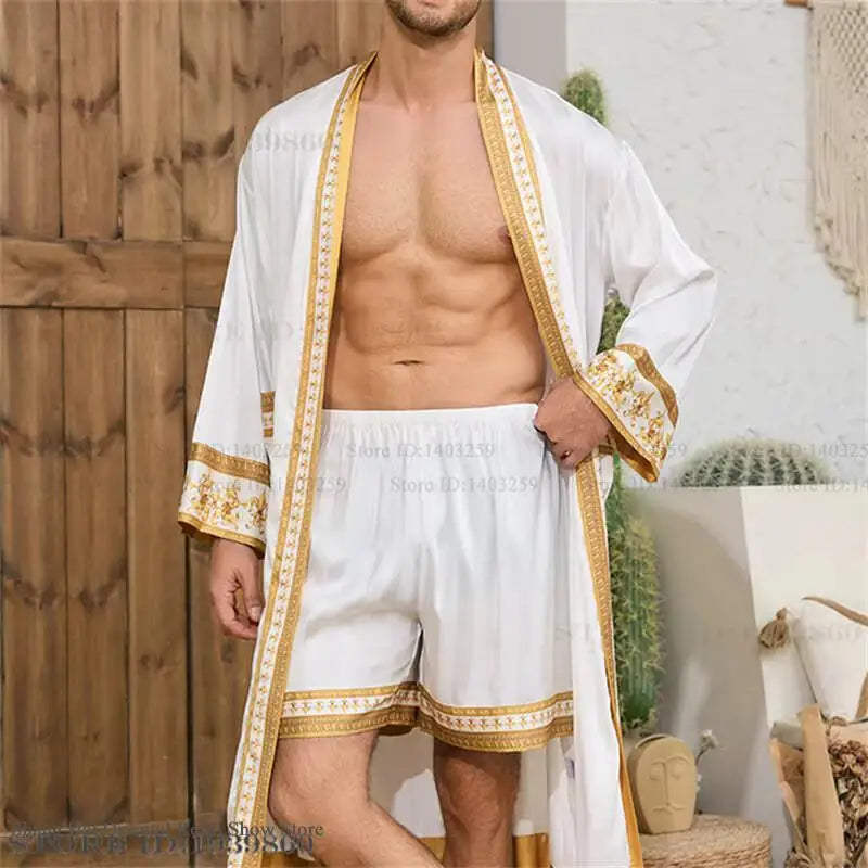 Spring New Men Robe Kimono Bathrobe Gown Baroque Style Silk Satin Sleepwear Home Clothes Loose Casual Loungewear Nightwear