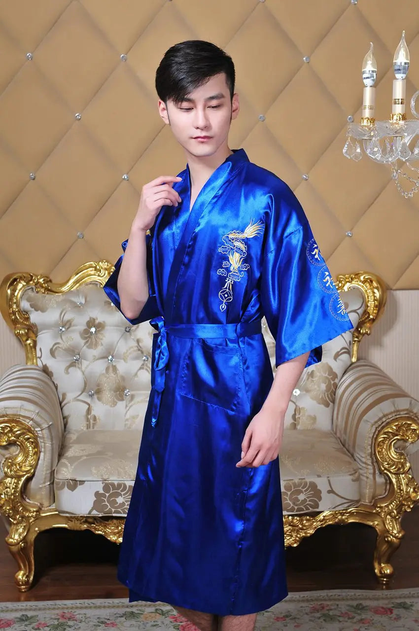 Embroider Dragon Kimono Bathrobe Gown Chinese Style Robe Classical Man Homewear Long Satin Nightgown Loose Sleepwear Loungewear