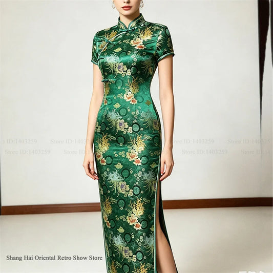 Traditional Satin Long Green Cheongsam Vintage Chinse Style Women's Vestido Dress Summer Jacquard Short Sleeve Qipao Asian Dress