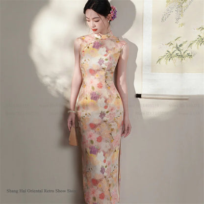 New Chinese Style Satin Cheongsam Traditional Clothing Retro Elegant Print Floral Women Long Qipao Chinese Dress Sexy Vestidos