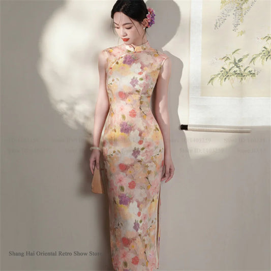 New Chinese Style Satin Cheongsam Traditional Clothing Retro Elegant Print Floral Women Long Qipao Chinese Dress Sexy Vestidos