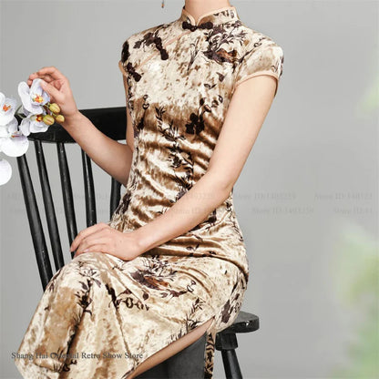 Oversize Velour Chinese Cheongsam Sexy Sleeveless Split Chinese Dress Traditional Costume Vintage Classic Mandarin Collar Qipao