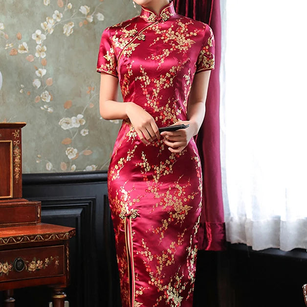 Oversize Chinese Style Dress Vintage Women's Long Qipao Dragon Phoenix Jacquard Satin Cheongsam Hanfu Sexy Slim Brocade Vestidos