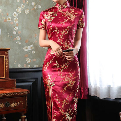 Oversize Chinese Style Dress Vintage Women's Long Qipao Dragon Phoenix Jacquard Satin Cheongsam Hanfu Sexy Slim Brocade Vestidos