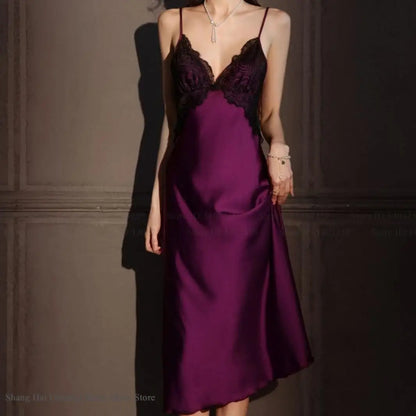 Sexy Female Long Robe Nightgown Set Kimono Bathrobe Gown Patchwork Lace Suspender Night Dress Sleepwear Loose Satin Homewear